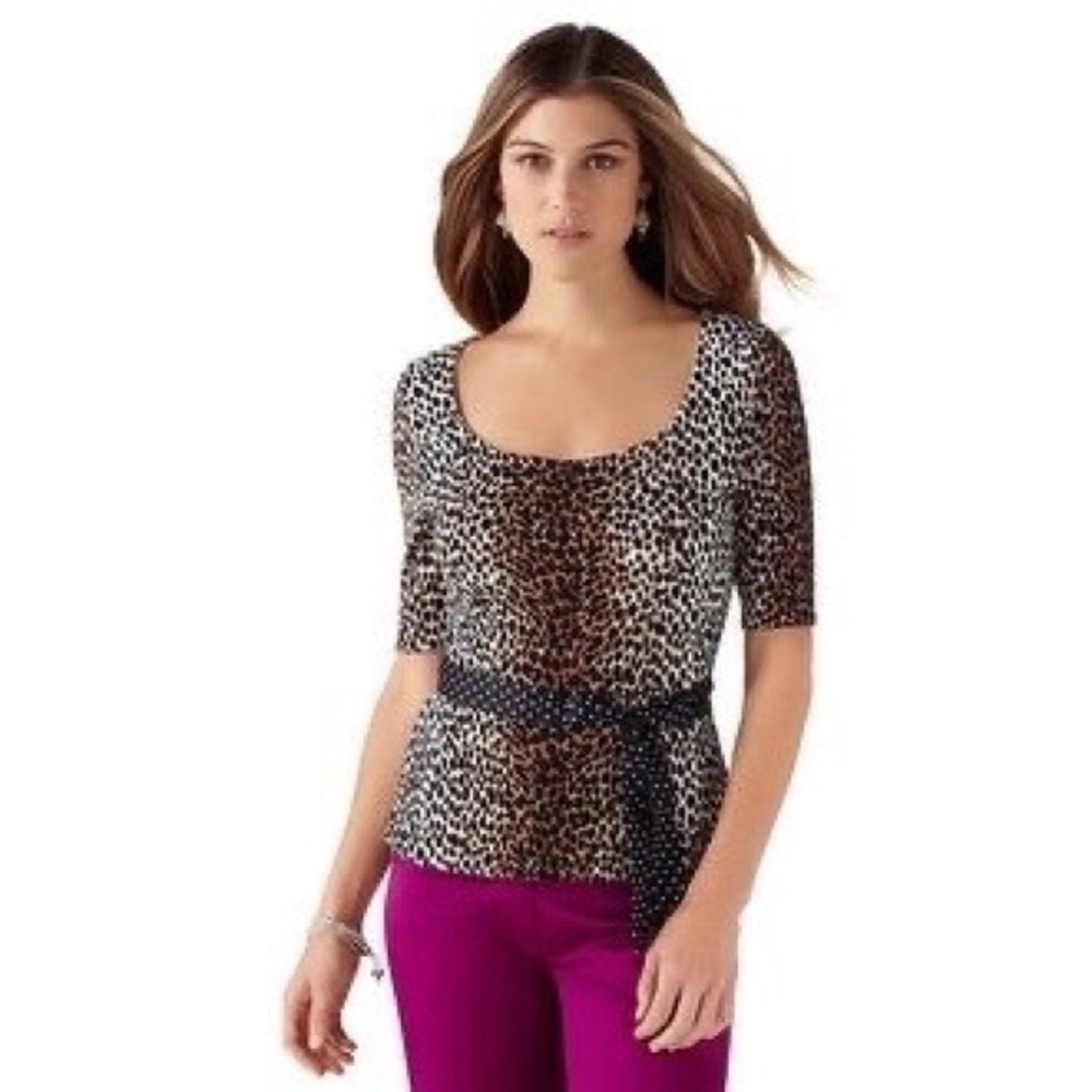 WHBM Leopard Peplum Scoop Neck Tee with Keyhole Back & Polka Dot Sash Small